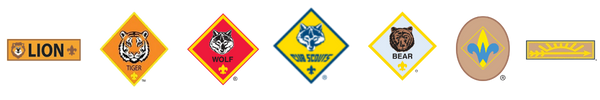 Graphic showing each of the Cub Scout Ranks and the Cub Scout logo