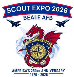 Scout Expo 2026 Beale AFB America's 250th Anniversary text with a red dragon holding a symbol that says "Golden Empire Council"