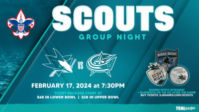 Advertisement for Scouts Group night with graphics from the San Jose Sharks and BSA